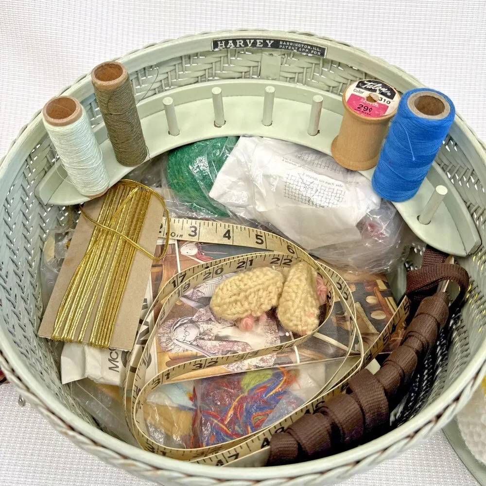 Vintage Harvey Mint Green Wicker Sewing Basket filled with crafts & accessories!